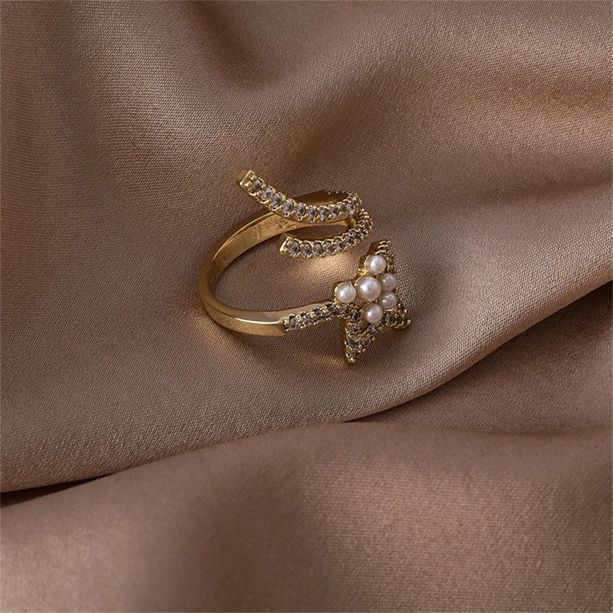 Pearl & Cubic Zirconia 18K Gold-Plated Star Bypass Ring