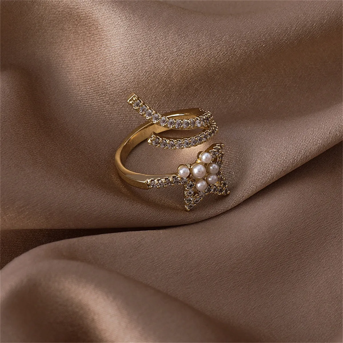 Pearl & Cubic Zirconia 18K Gold-Plated Star Bypass Ring