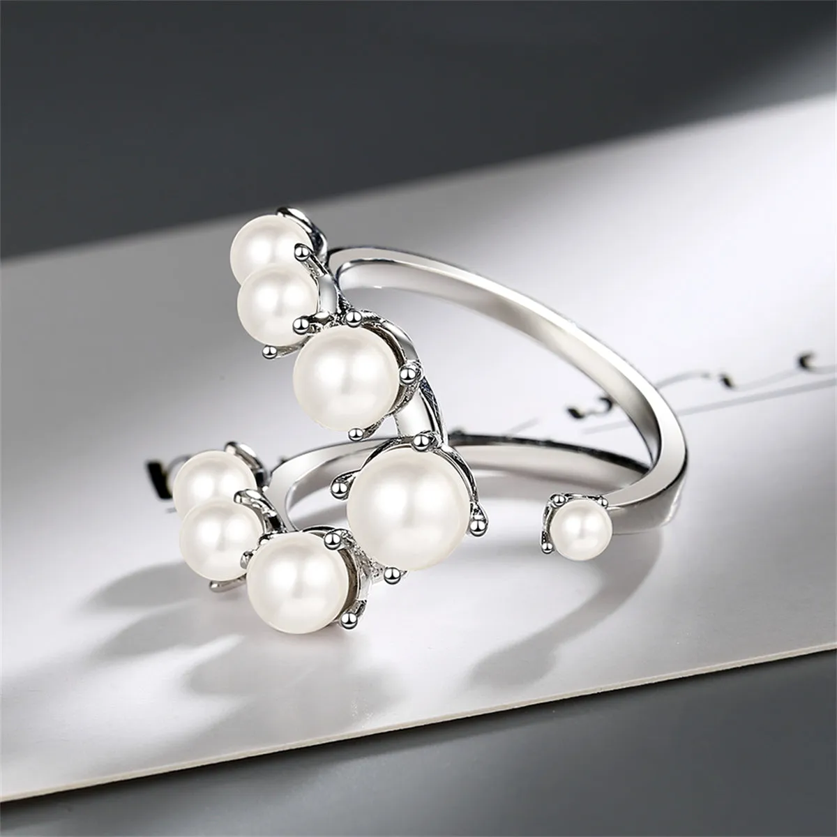 Pearl & Silver-Plated Botanical Open Ring