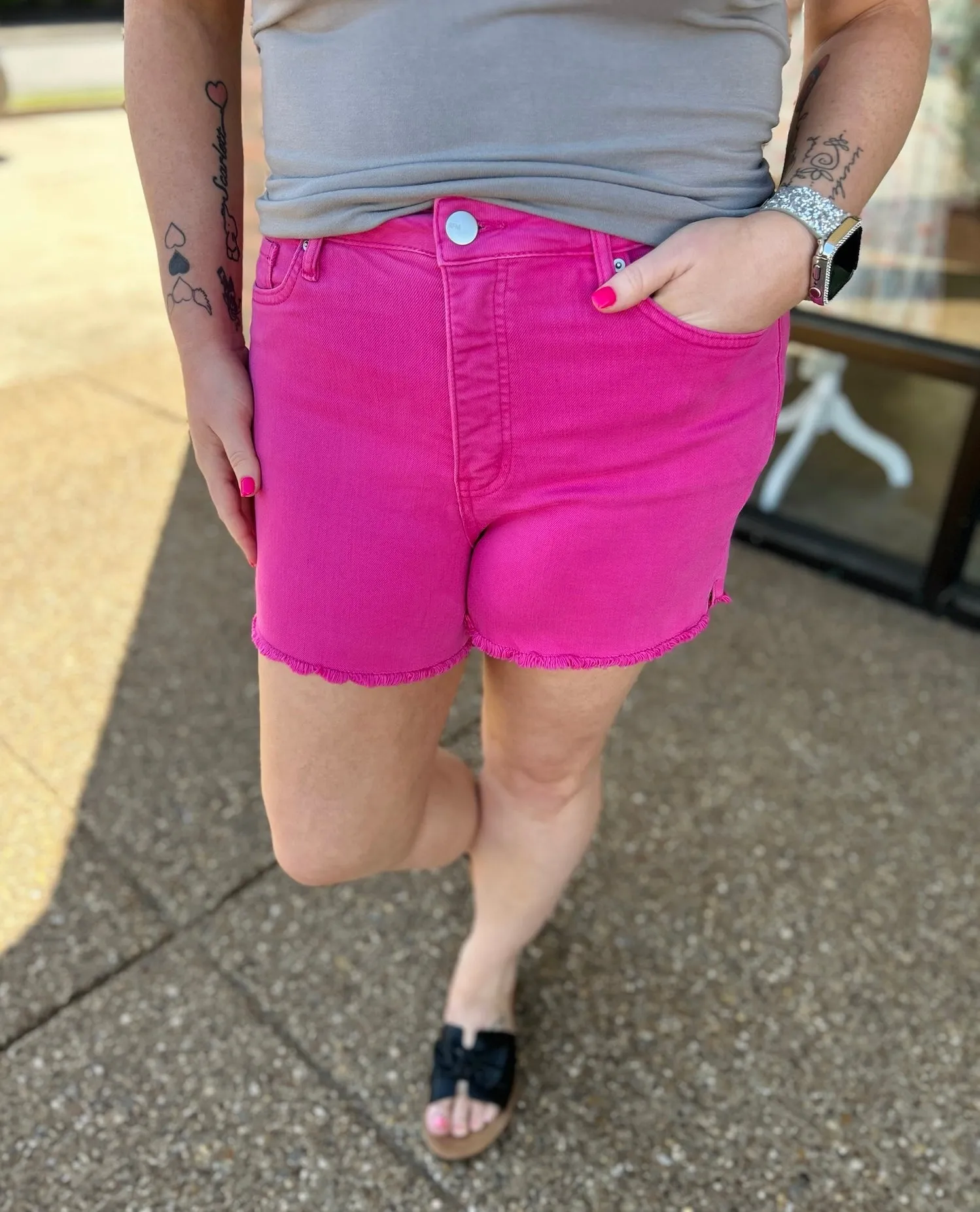 Pink Candy Tummy Control Fray Hem Short w/ Side Slit