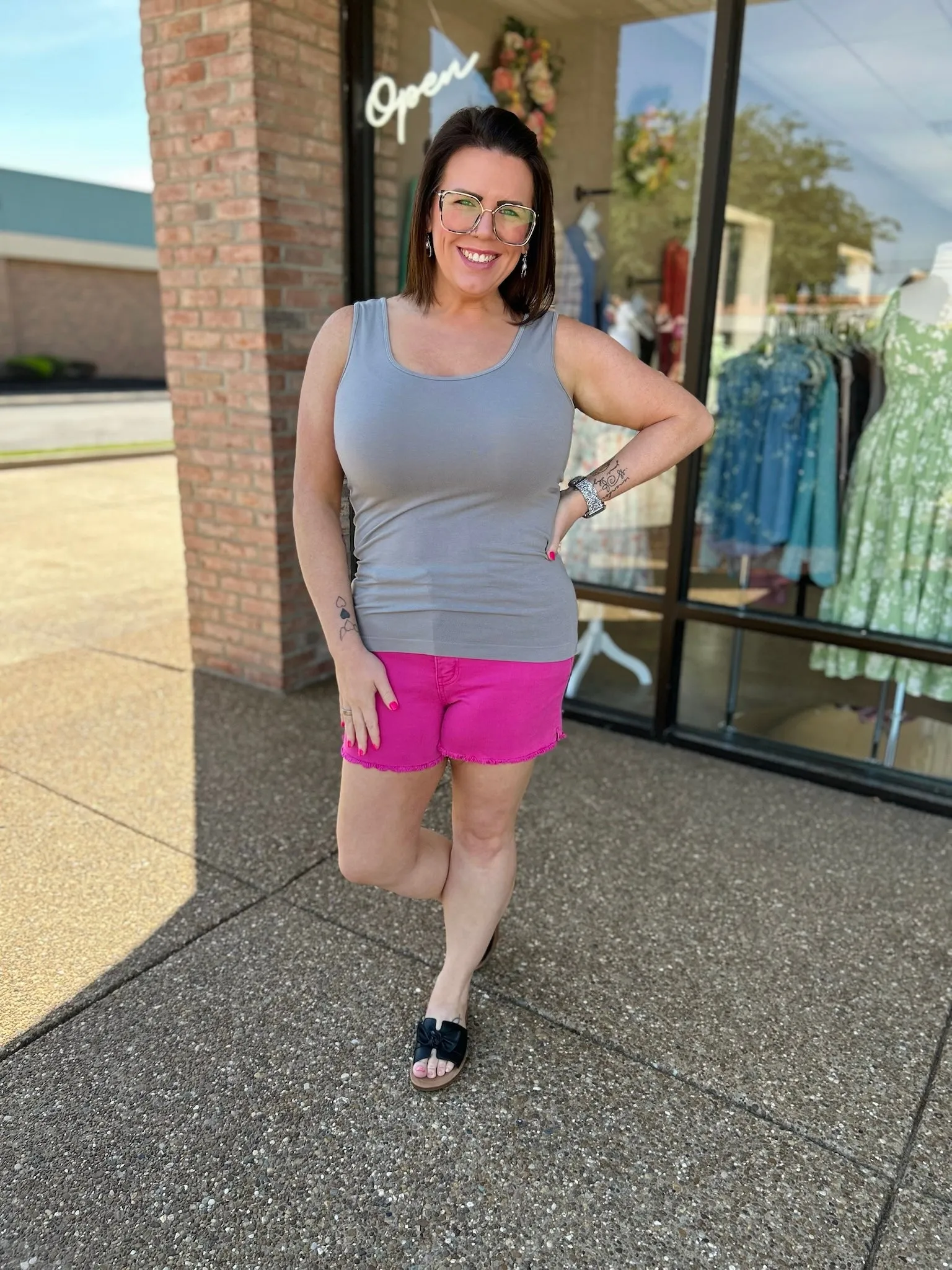 Pink Candy Tummy Control Fray Hem Short w/ Side Slit
