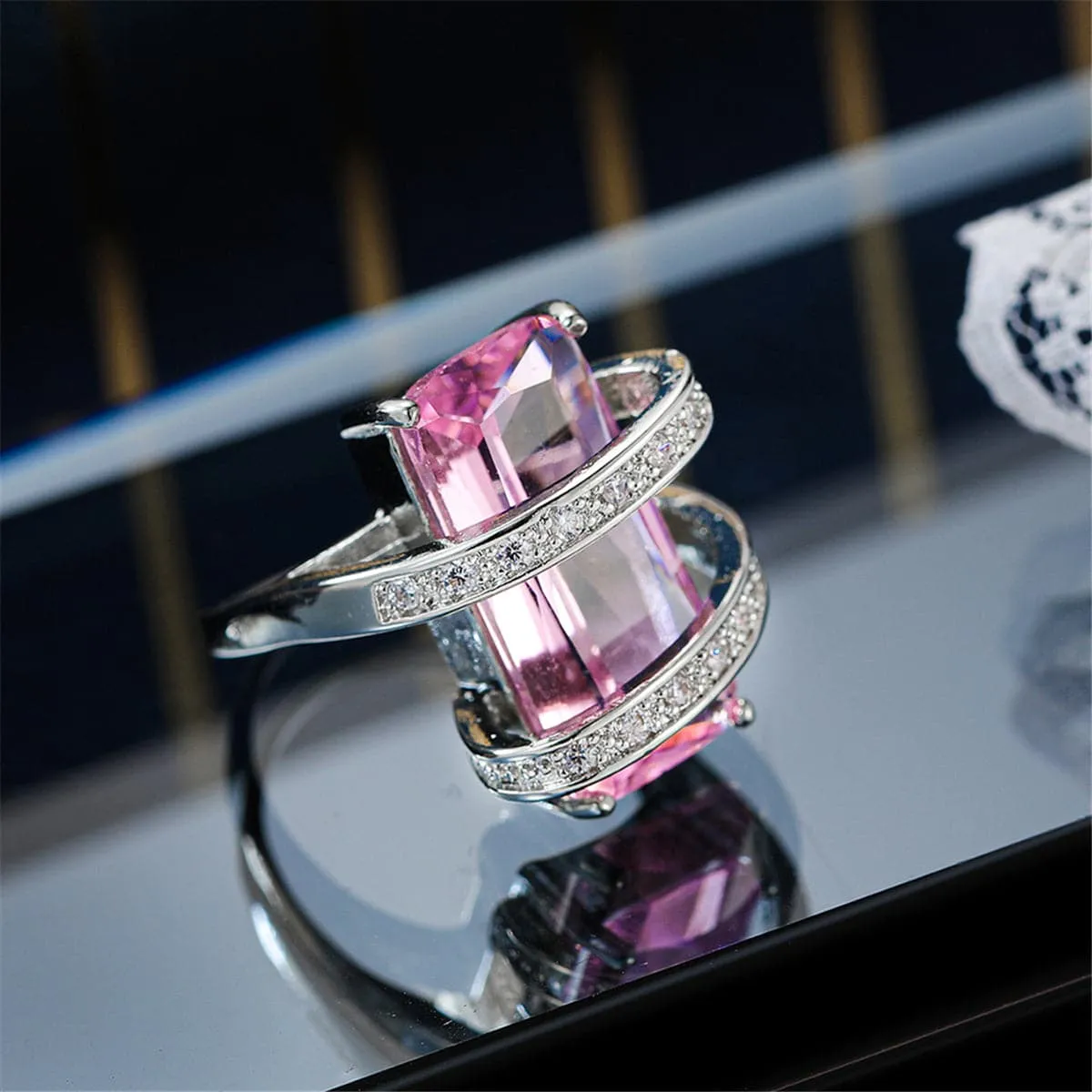 Pink Crystal & Cubic Zirconia Geometric Ring
