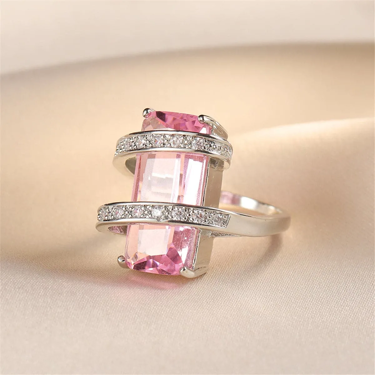 Pink Crystal & Cubic Zirconia Geometric Ring