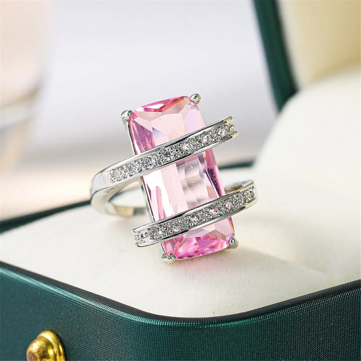 Pink Crystal & Cubic Zirconia Geometric Ring