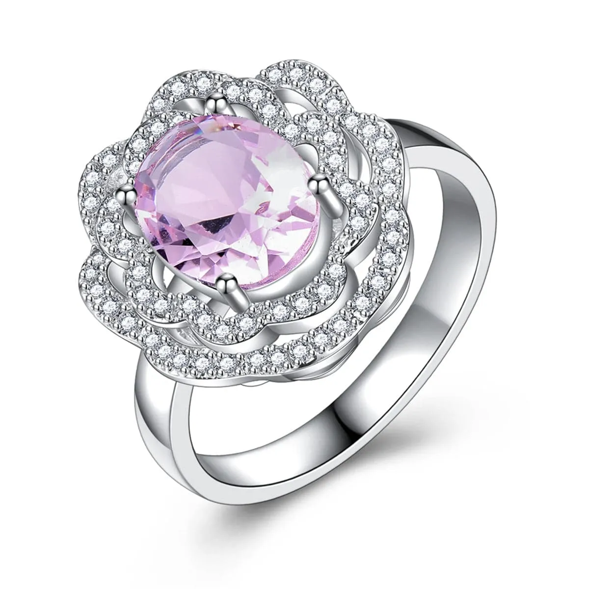 Pink Crystal & Silver-Plated Flower Ring