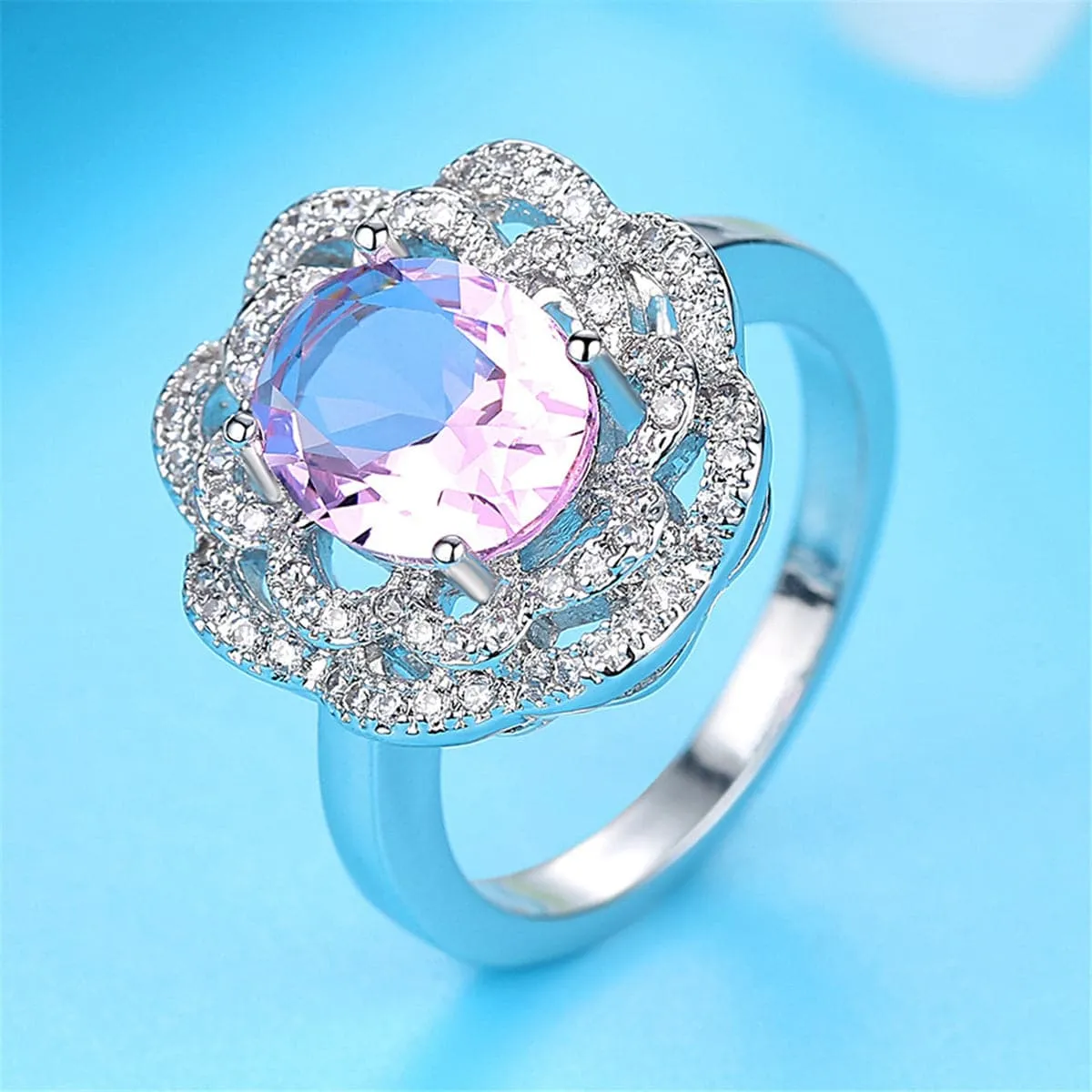Pink Crystal & Silver-Plated Flower Ring