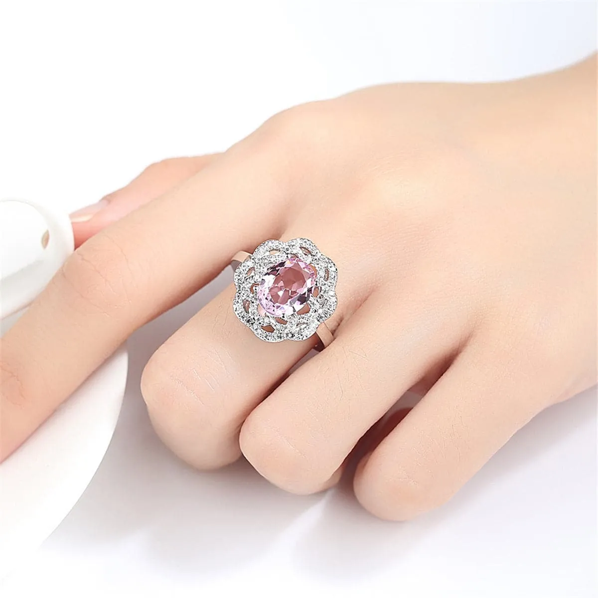 Pink Crystal & Silver-Plated Flower Ring