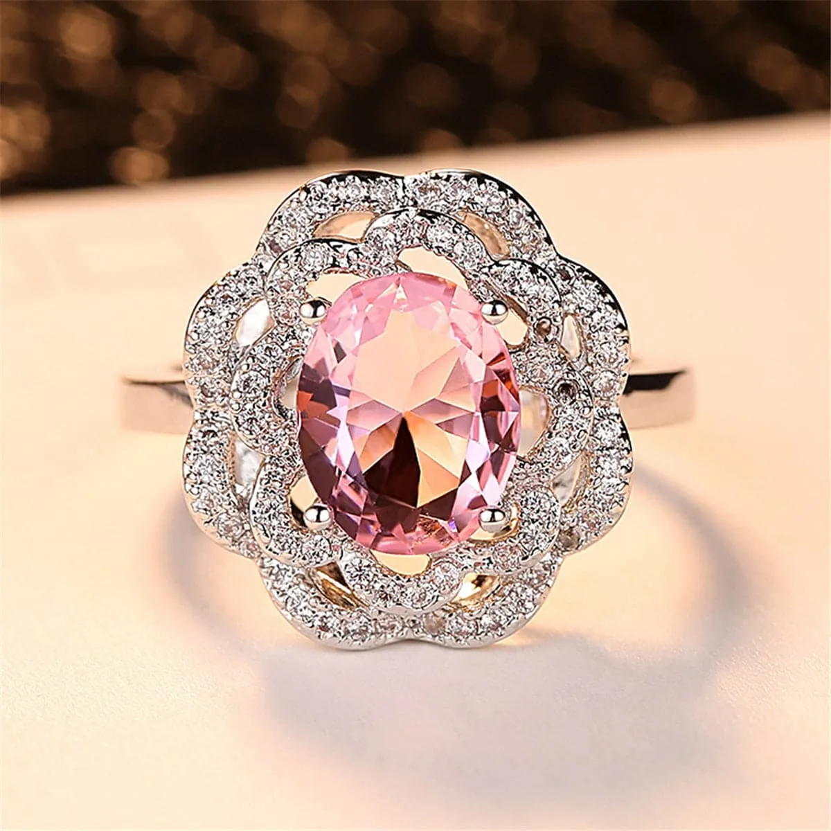 Pink Crystal & Silver-Plated Flower Ring