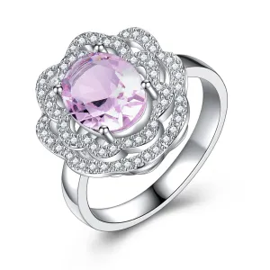 Pink Crystal & Silver-Plated Flower Ring