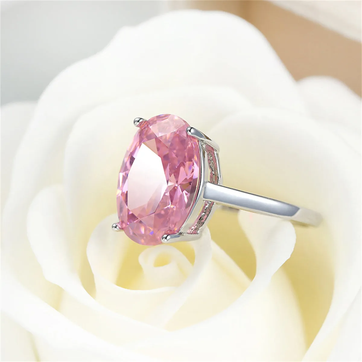 Pink Crystal & Silver-Plated Oval-Cut Ring