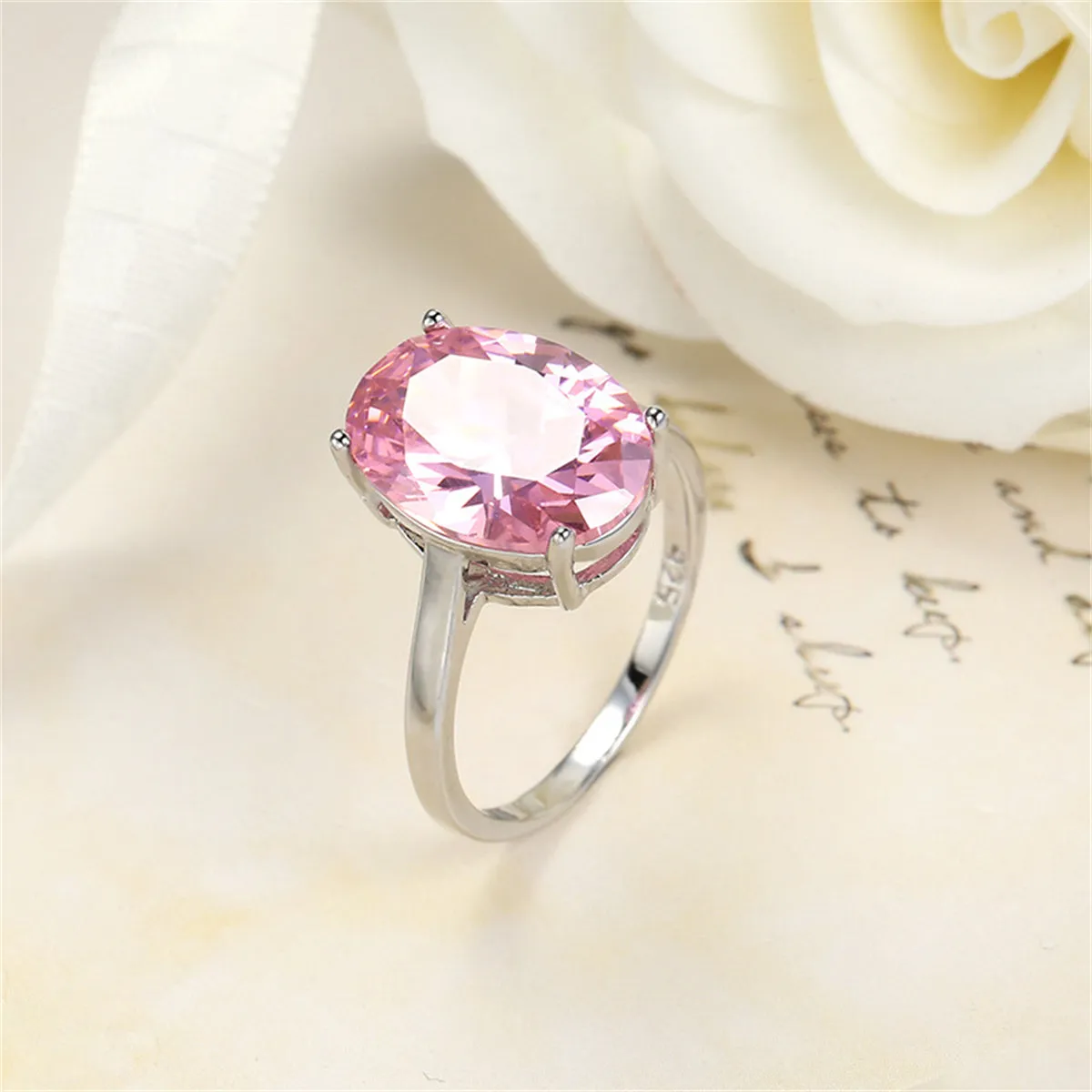 Pink Crystal & Silver-Plated Oval-Cut Ring