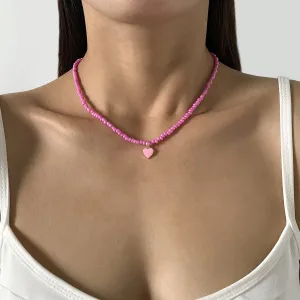 Pink Enamel & Howlite Beaded Heart Necklace
