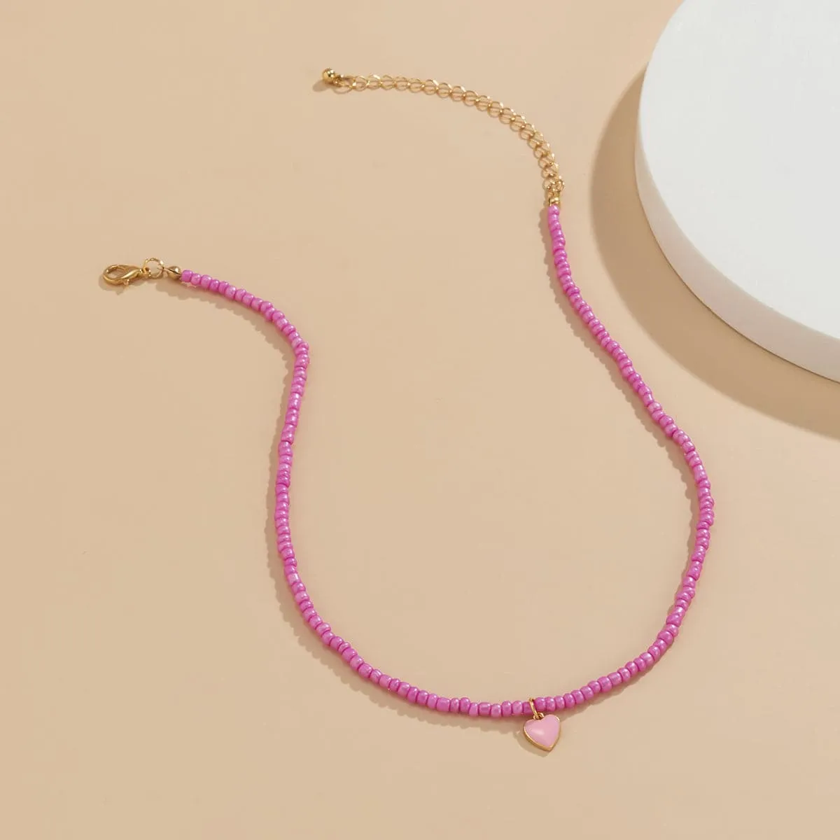 Pink Enamel & Howlite Beaded Heart Necklace