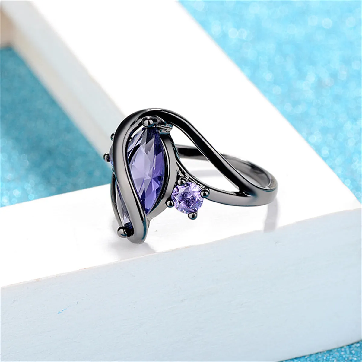 Purple Crystal & Silver-Plated Marquise-Cut Ring