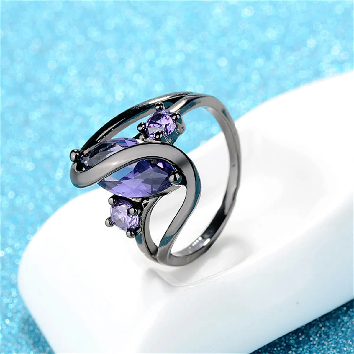 Purple Crystal & Silver-Plated Marquise-Cut Ring