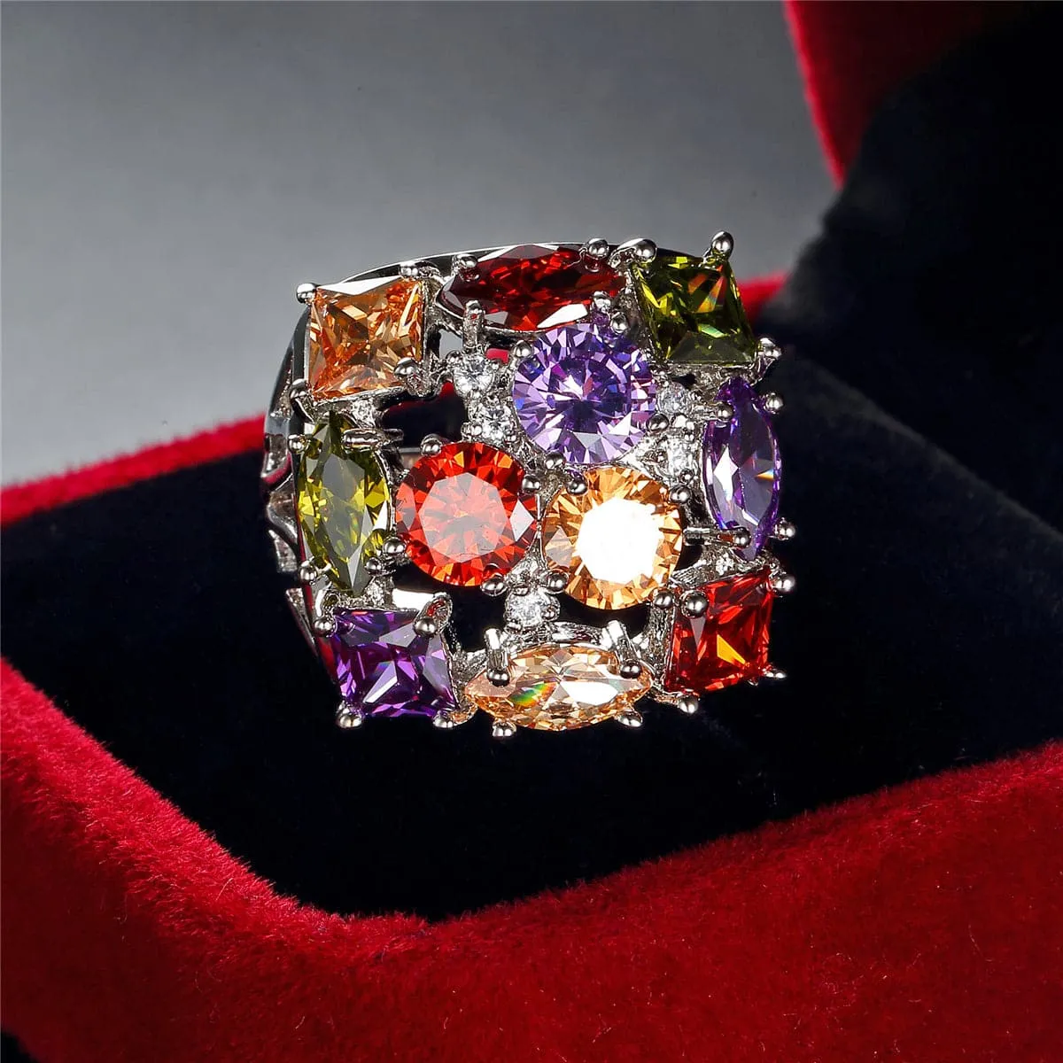 Purple Crystal & Silver-Plated Square Ring
