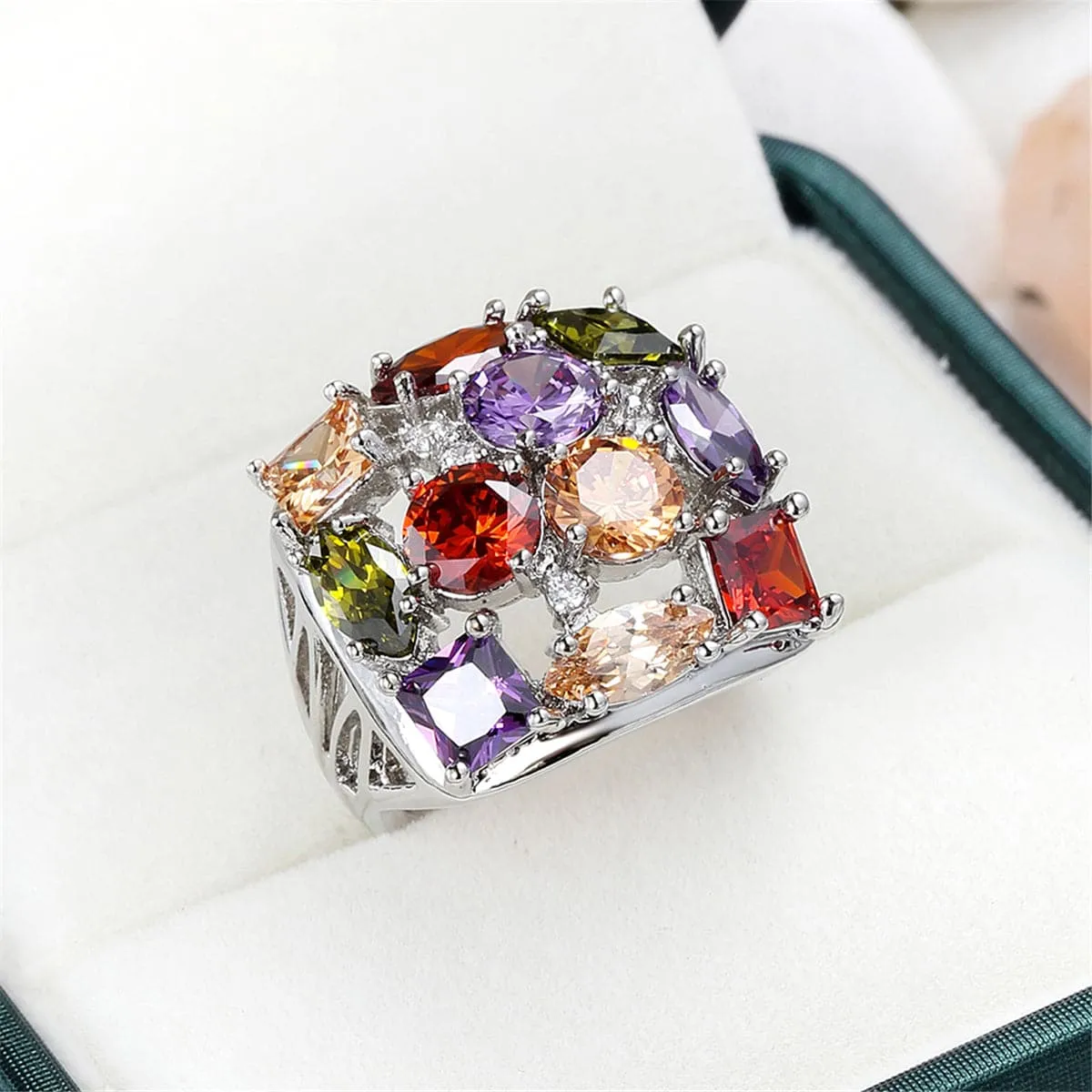 Purple Crystal & Silver-Plated Square Ring