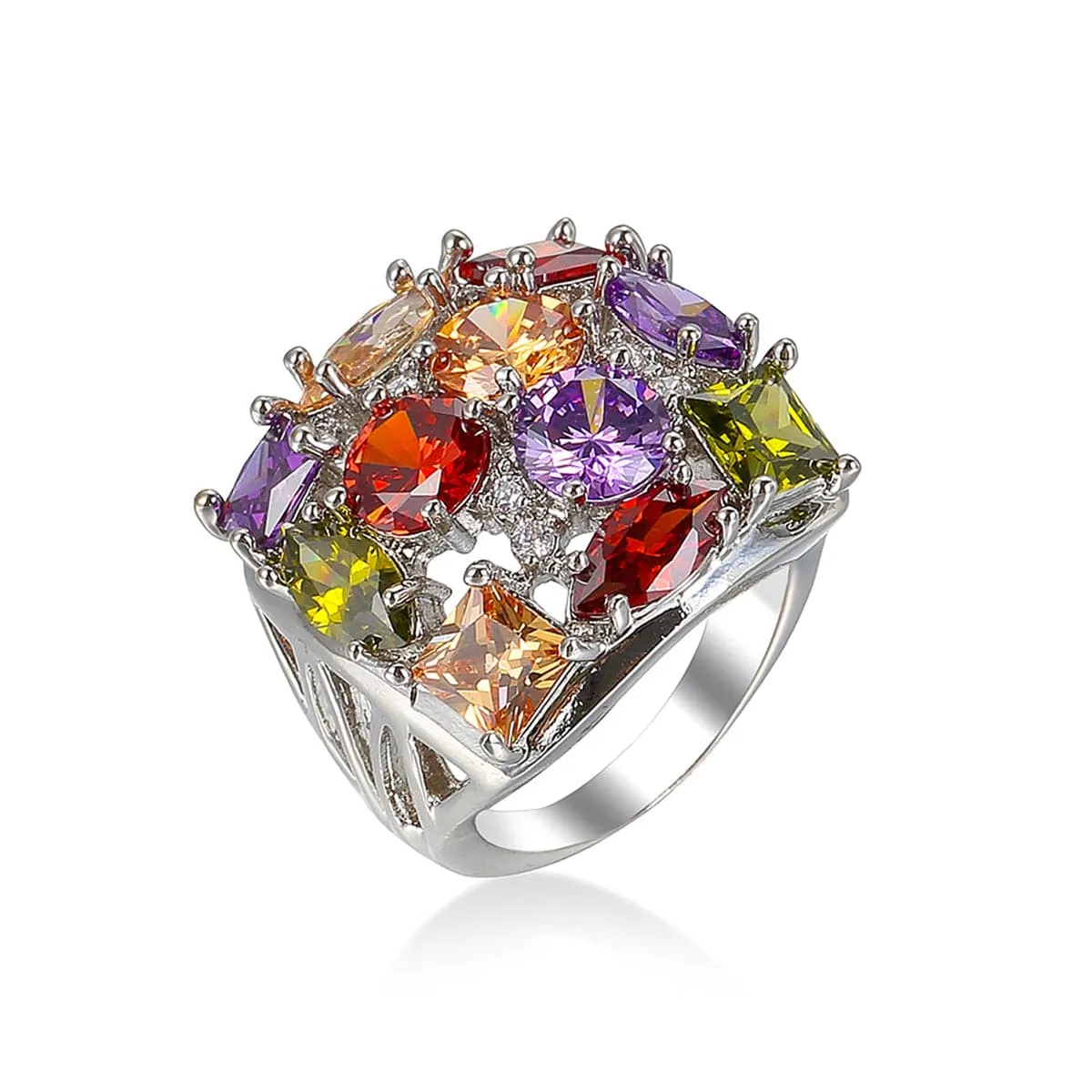 Purple Crystal & Silver-Plated Square Ring