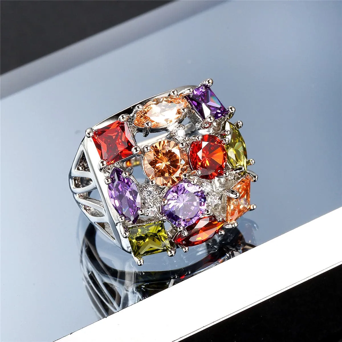 Purple Crystal & Silver-Plated Square Ring