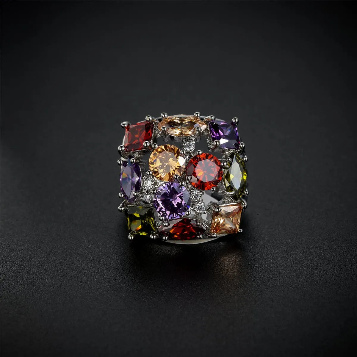 Purple Crystal & Silver-Plated Square Ring
