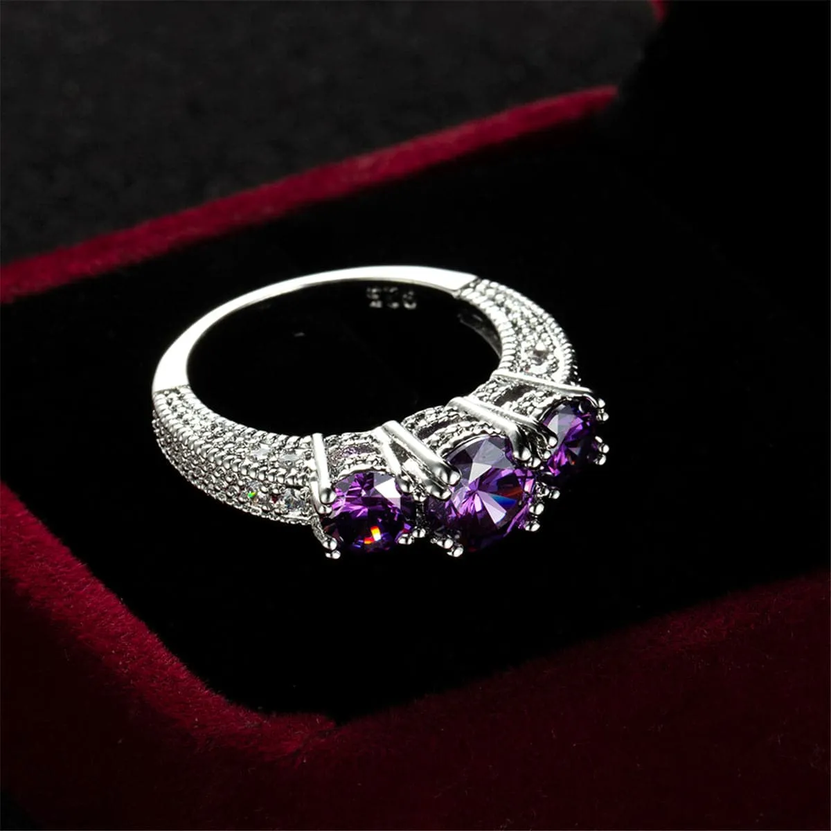 Purple Crystal & Silver-Plated Three-Stone Ring