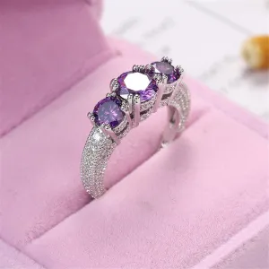 Purple Crystal & Silver-Plated Three-Stone Ring