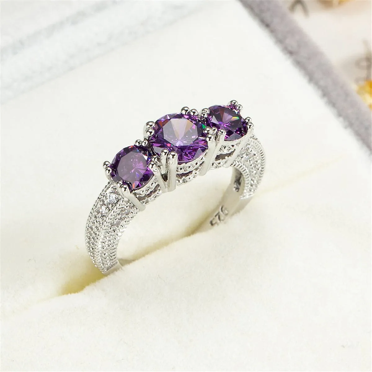 Purple Crystal & Silver-Plated Three-Stone Ring
