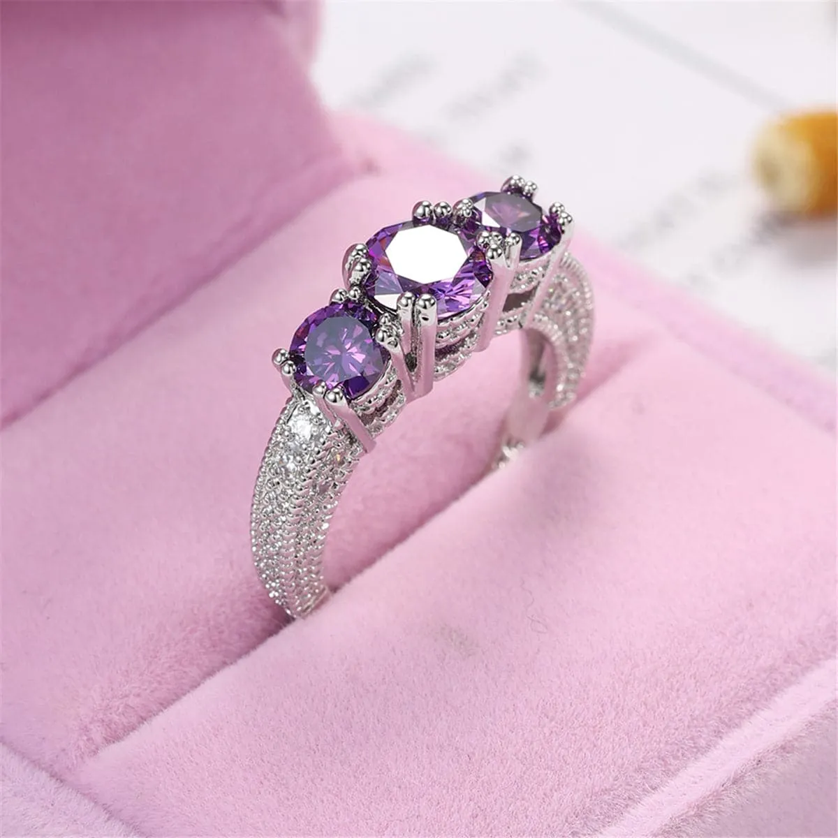 Purple Crystal & Silver-Plated Three-Stone Ring