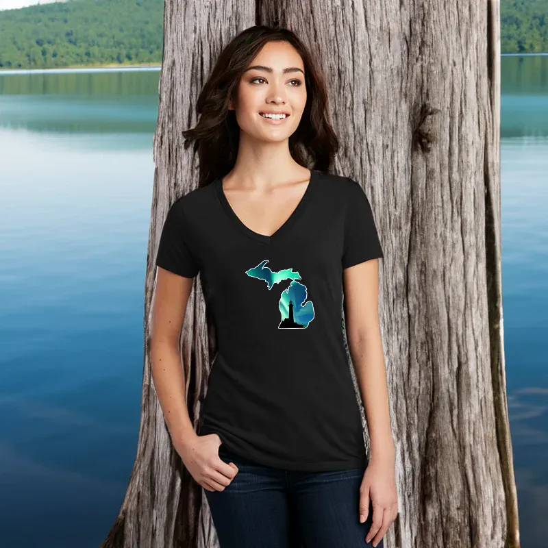 "Northern Lights Lighthouse" Women's V-Neck