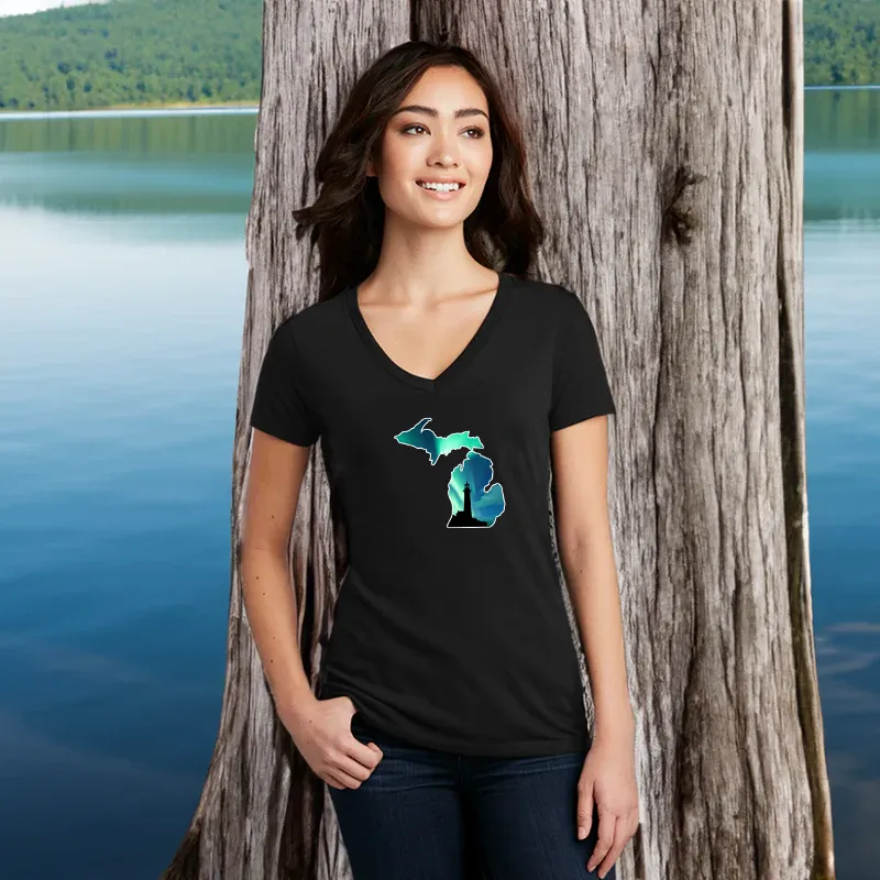 "Northern Lights Lighthouse" Women's V-Neck