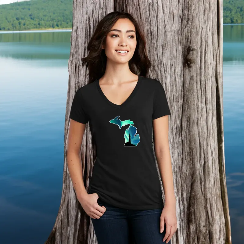"Northern Lights Lighthouse" Women's V-Neck