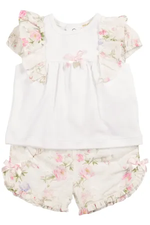 "Olive" Ivory & Pink Floral Top & Shorts
