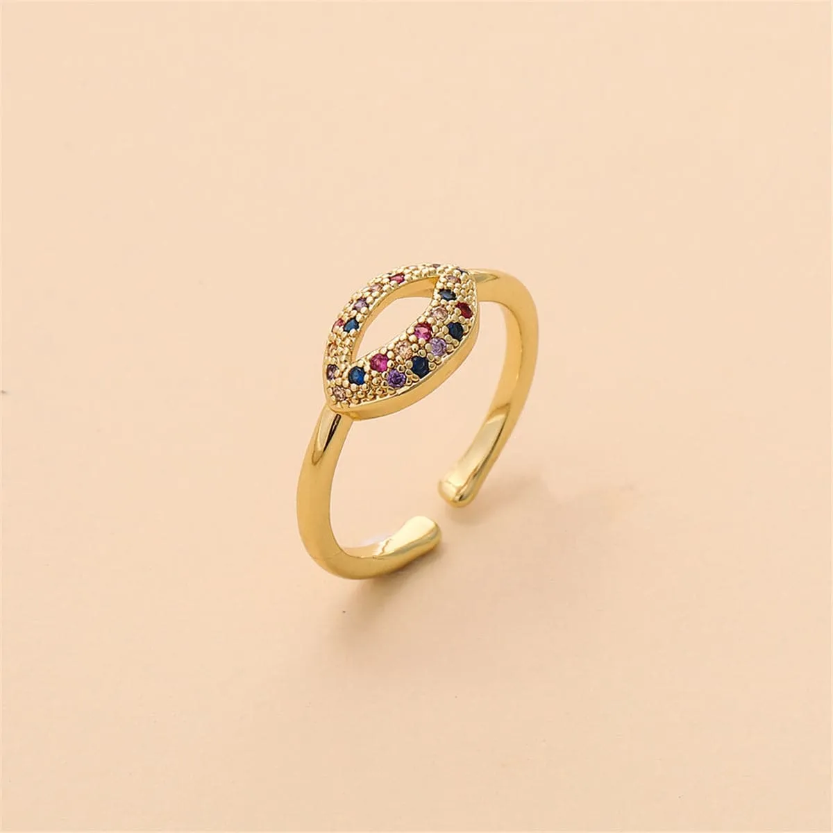Rainbow Cubic Zirconia & 18K Gold-Plated Lips Open Ring