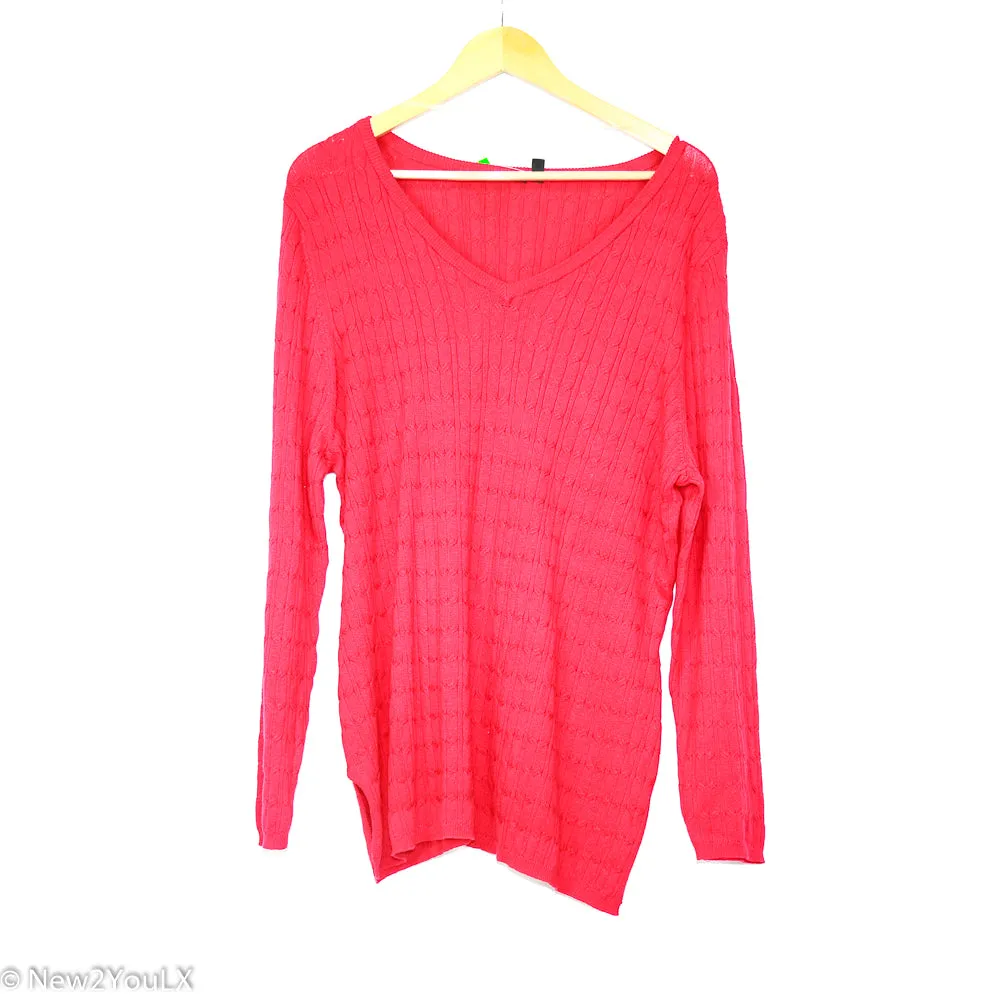 Red Braided Knit V-neck Pullover