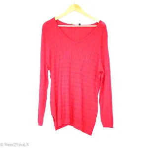 Red Braided Knit V-neck Pullover