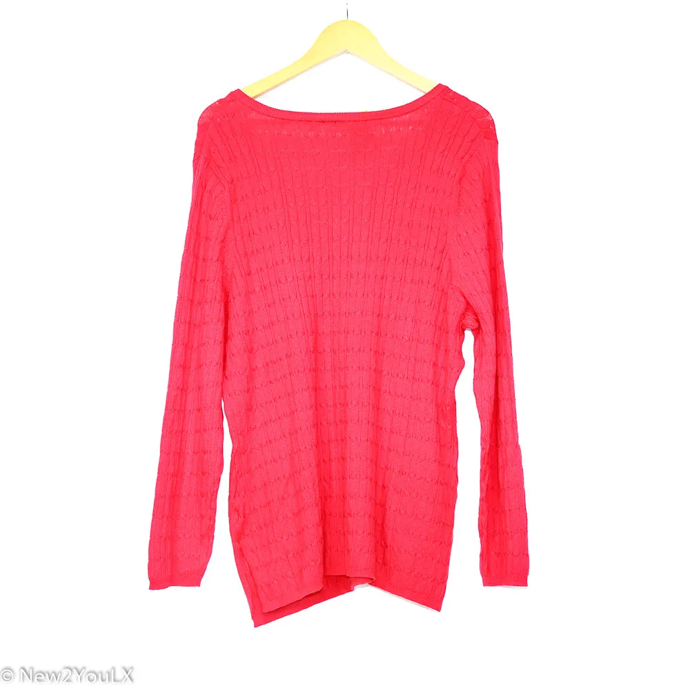 Red Braided Knit V-neck Pullover