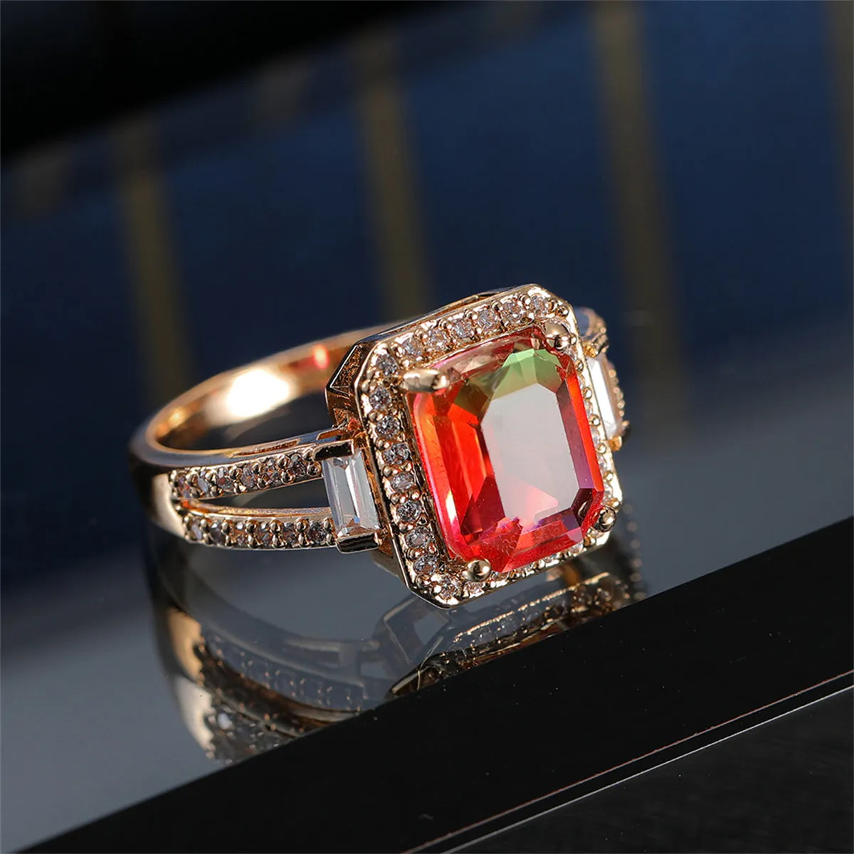 Red Crystal & Cubic Zirconia Princess-Cut Halo Ring