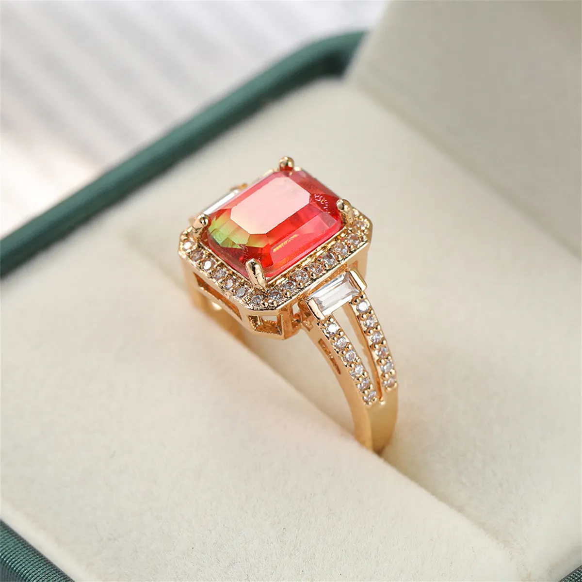 Red Crystal & Cubic Zirconia Princess-Cut Halo Ring