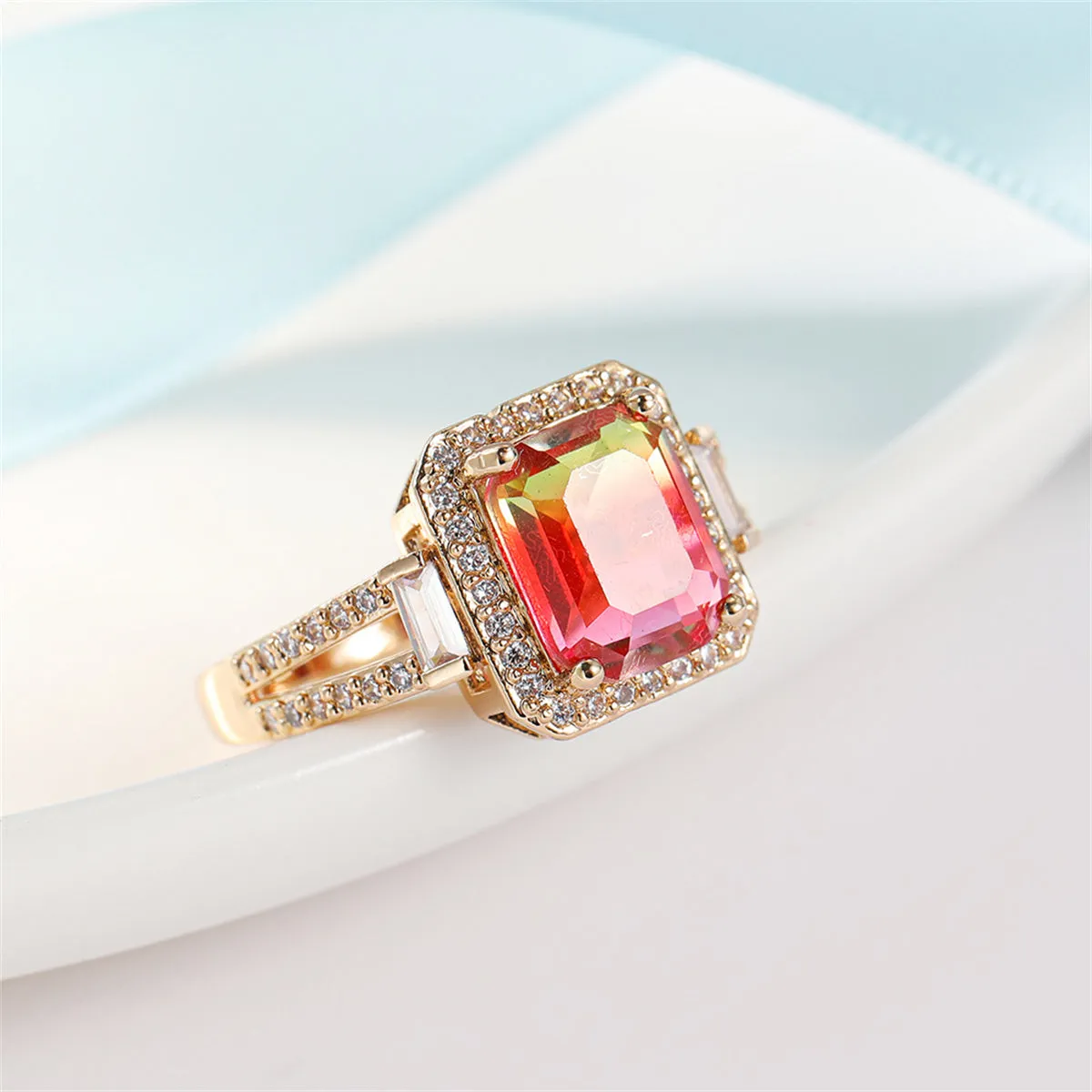 Red Crystal & Cubic Zirconia Princess-Cut Halo Ring