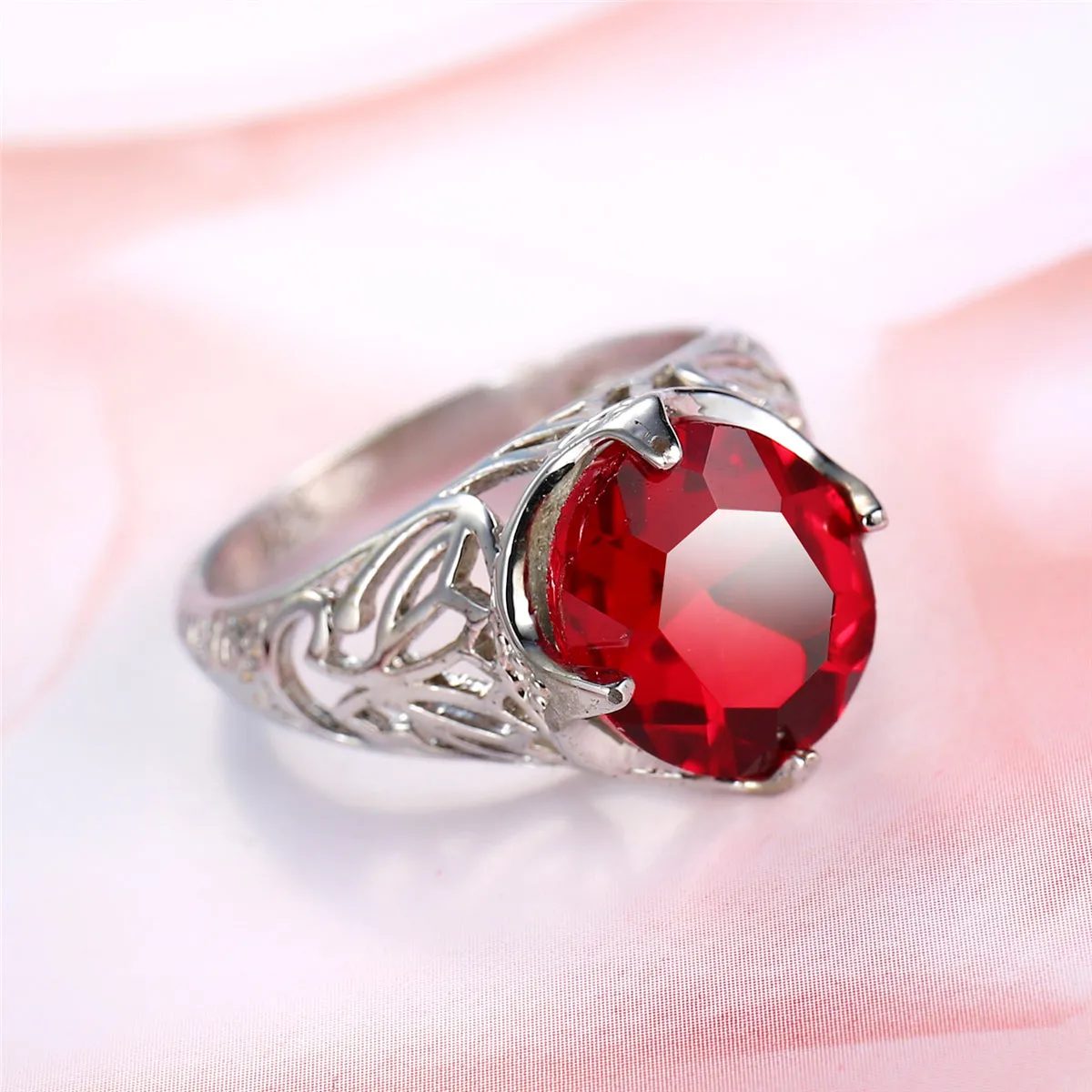 Red Crystal & Silver-Plated Filigree Ring