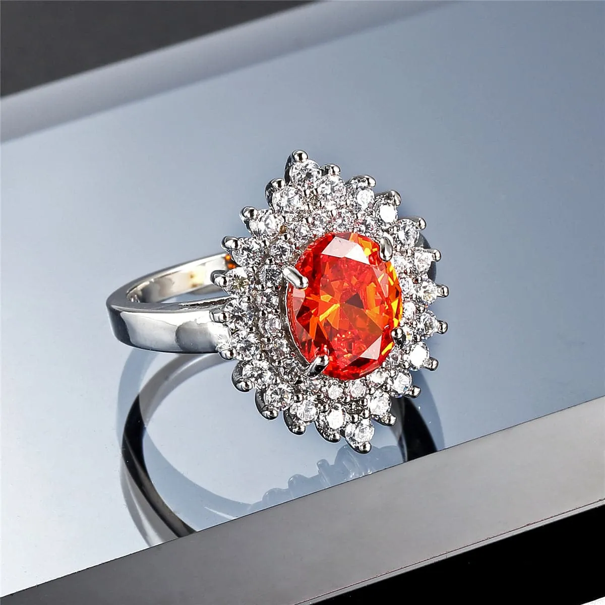 Red Oval Crystal & Cubic Zirconia Hola Ring
