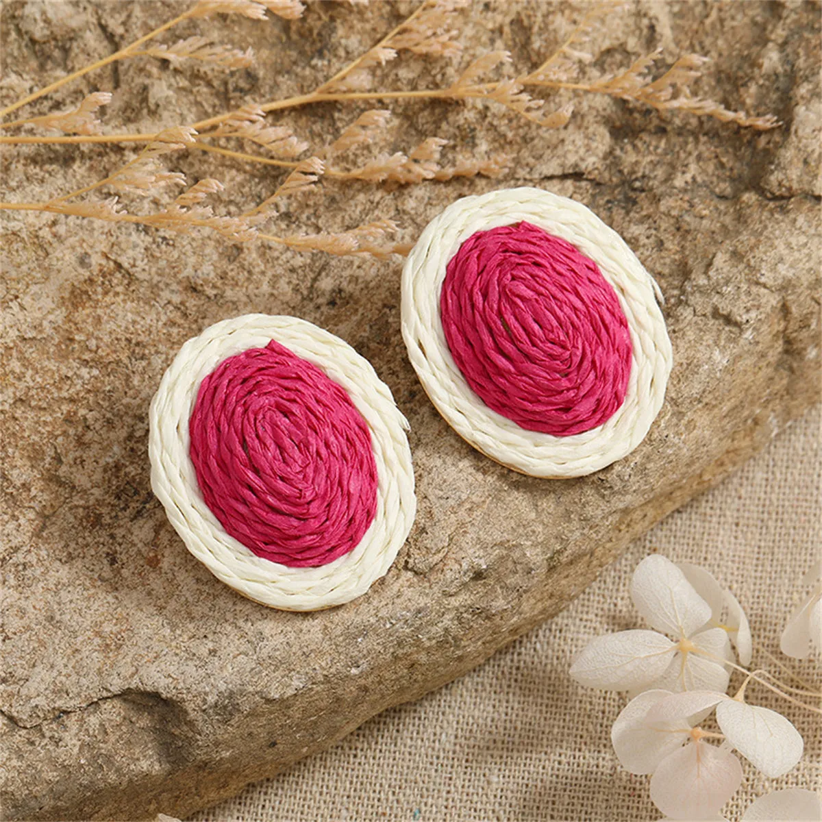 Rose & White Raffia Oval Stud Earrings