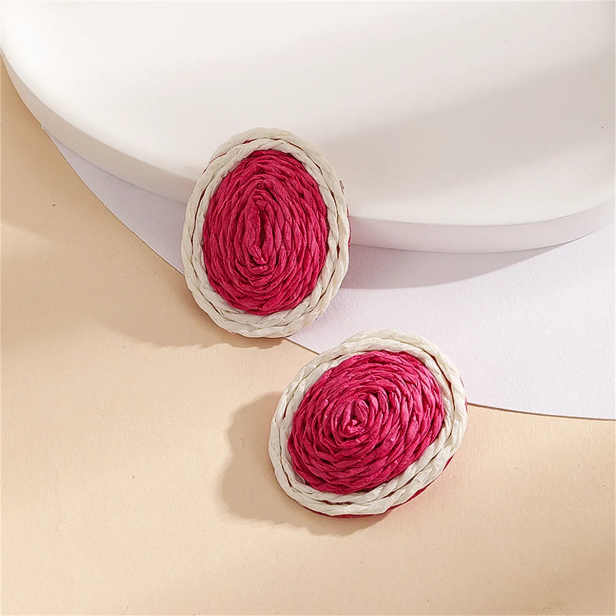 Rose & White Raffia Oval Stud Earrings