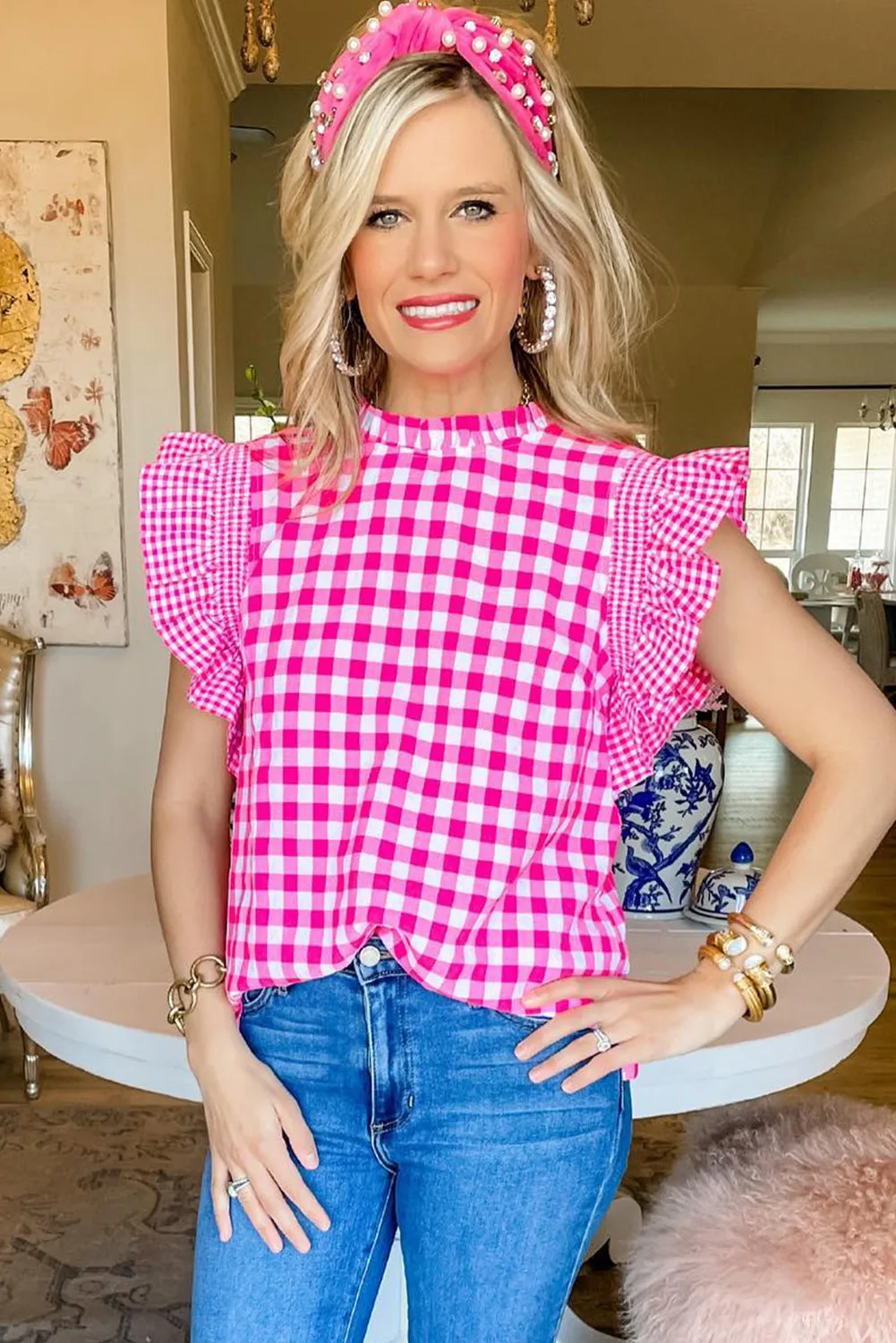 Rose Red Checkered Ruffled Trim Frilled Neck Tank Top
