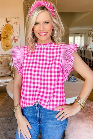Rose Red Checkered Ruffled Trim Frilled Neck Tank Top