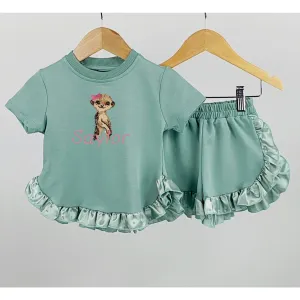 Sage Green Satin Frilled Hem T-Shirt & Shorts Set