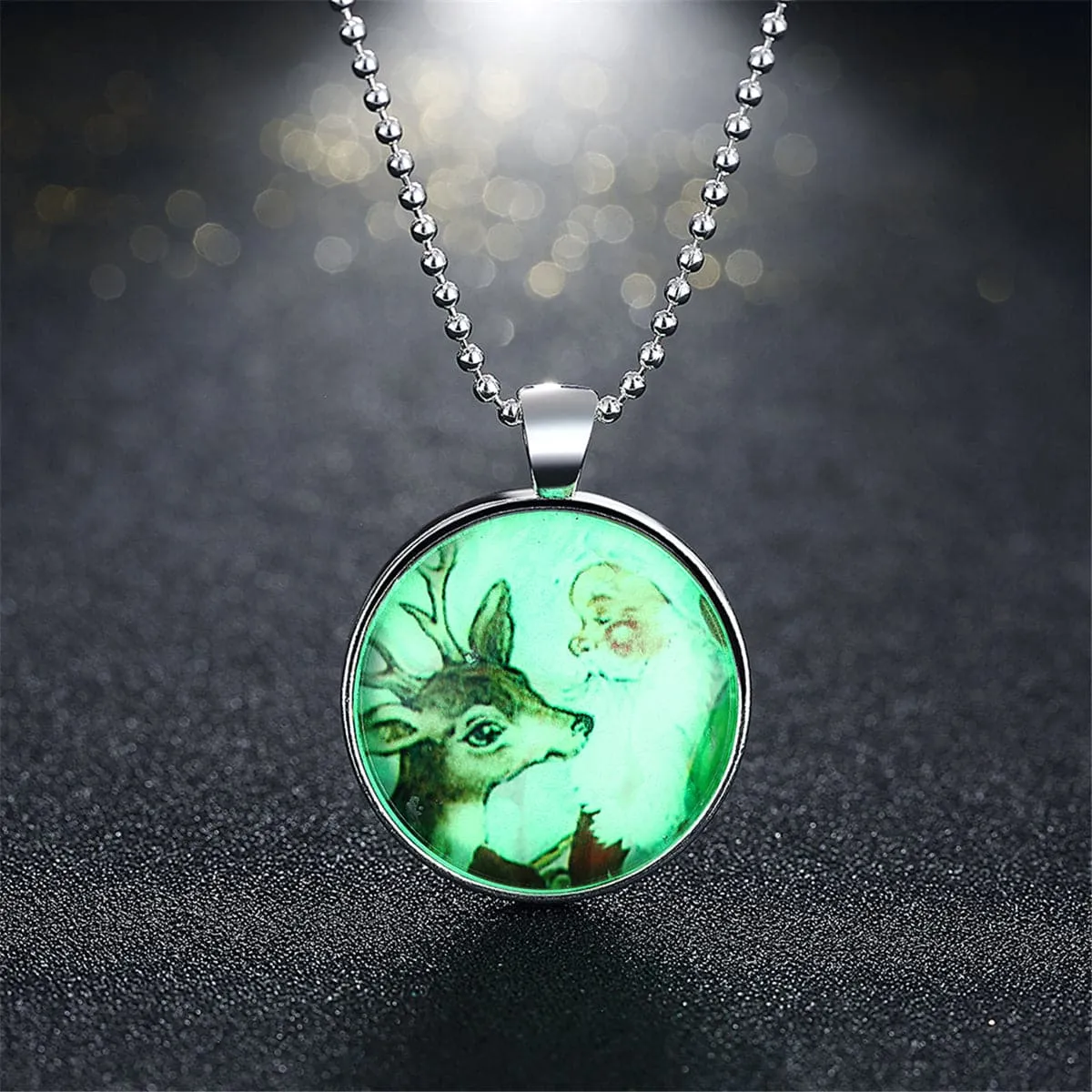 Santa & Reindeer Glow-In-The-Dark Pendant Necklace