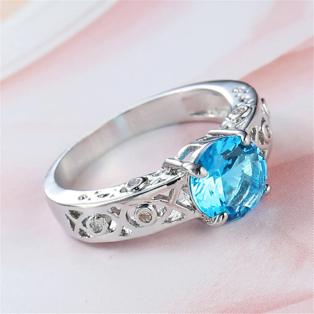 Sea Blue Crystal & Silver-Plated Filigree Cocktail Ring