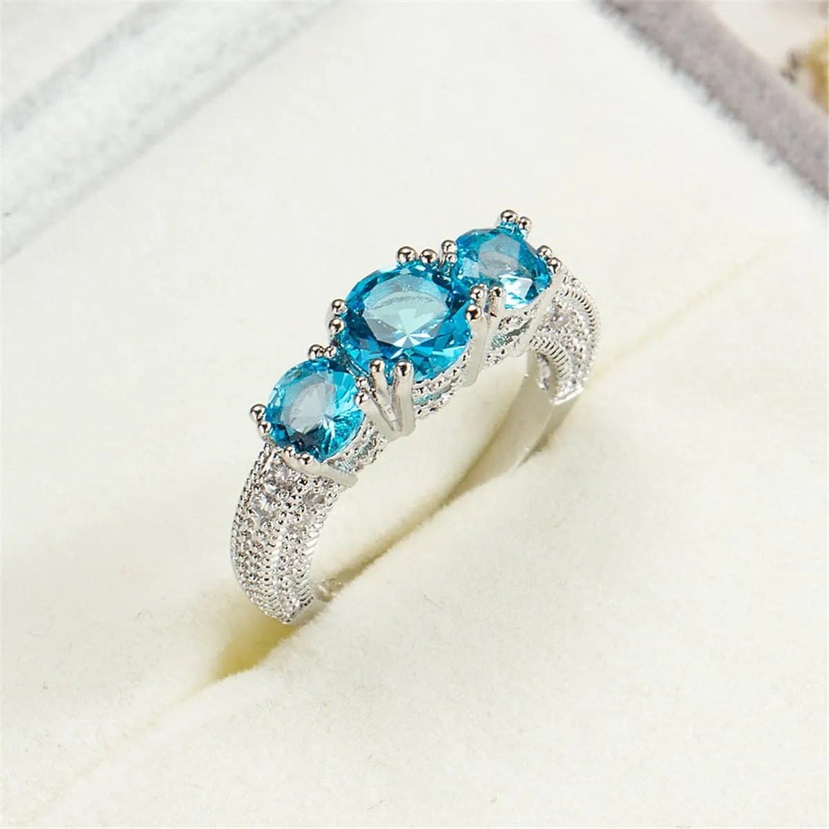 Sea Blue Crystal & Silver-Plated Three-Stone Ring
