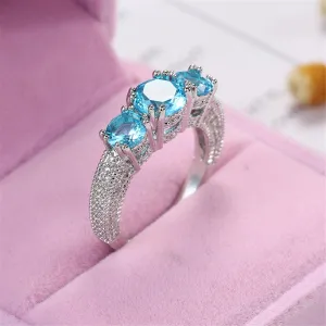 Sea Blue Crystal & Silver-Plated Three-Stone Ring